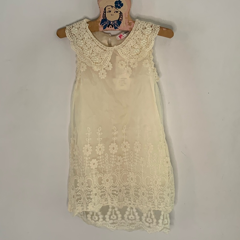 Vogue Fashion ivory embroidered mesh layered dress with crochet lace pearl trim